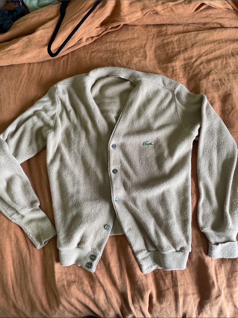 Izod Lacoste Cream V-Neck Button Cardigan with Green Crocodile Logo